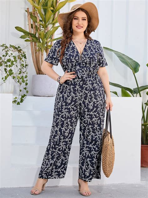 Jumpsuit De Pierna Ancha Con Estampado De Planta Con Nudo Delantero