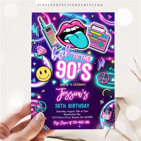 Editable 90s Birthday Party Invitation Back To The 90s Neon Etsy