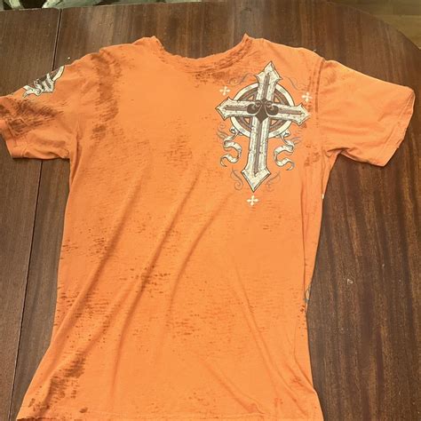 Affliction Mens Orange And Grey T Shirt Depop