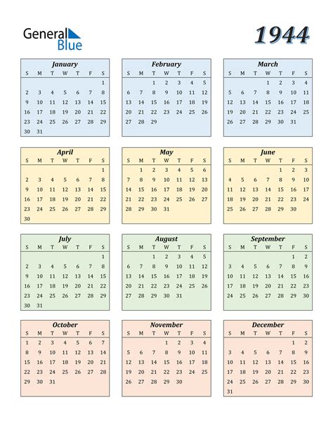 1944 Calendar Pdf Word Excel