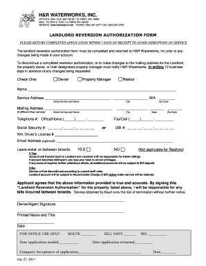 Fillable Online Thewaterco LANDLORD REVERSION AUTHORIZATION FORM The