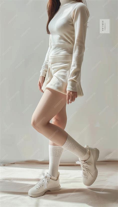 Araffed Woman In White Sweater And Shorts Walking On White Floor Generative Ai Premium Ai