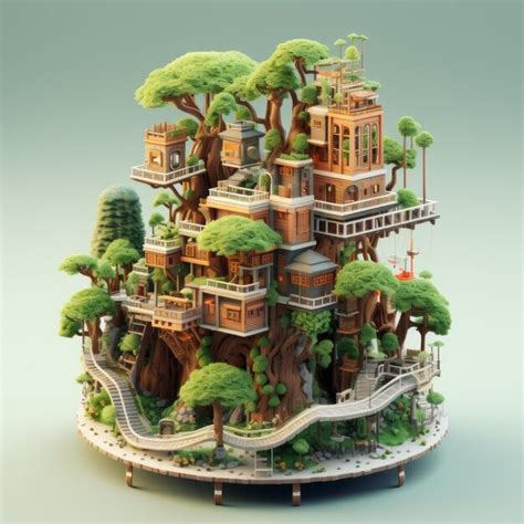 Premium Ai Image D Rendering Of Treehouse City Isometric Miniatur