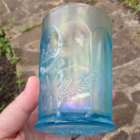 Antique Northwood Ice Blue Oriental Poppy Carnival Glass Tumbler Carnival Glass