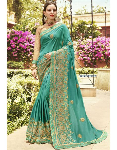 Sea Green Embroidered Party Wear Saree Party Wear Sarees Indian