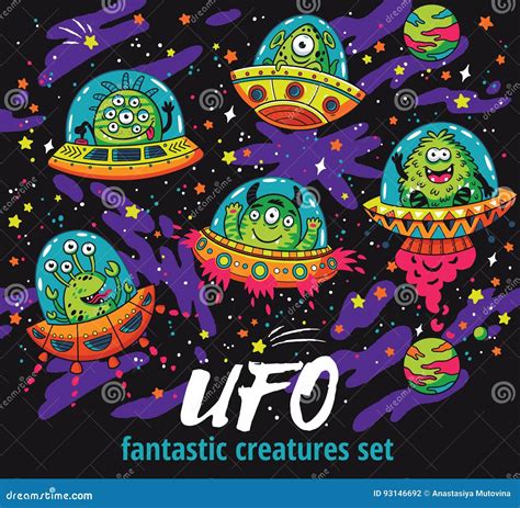 Fantastic Creatures Set In The Galaxy Funny Monsters Background Stock