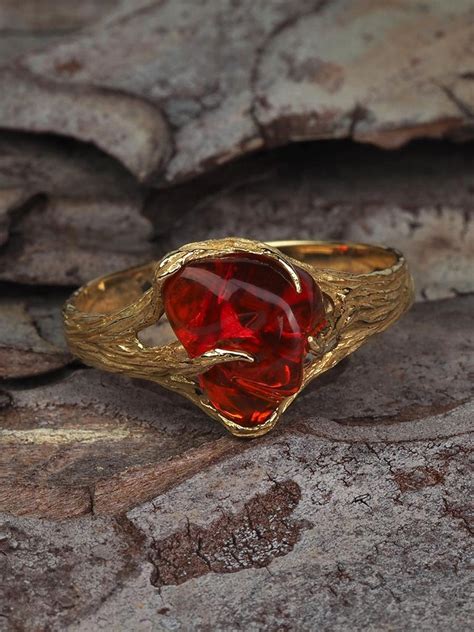 Fire Opal Gold Ring Red Gemstone 18k Yellow Gold Modern Engagement