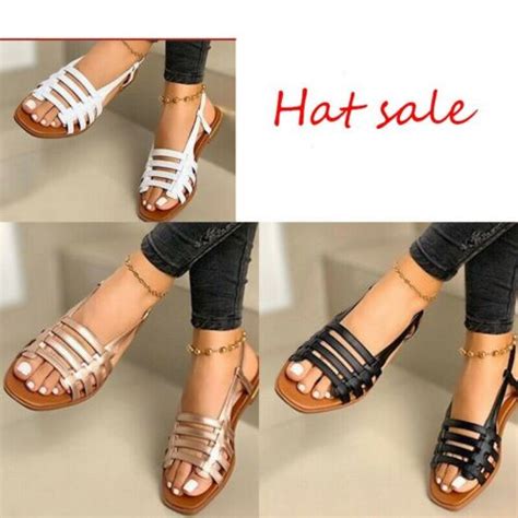 Womens Toe Ankle Strap Wide Fit Flat Sandals Lady Summer Beach Peep Size Shoes Ebay