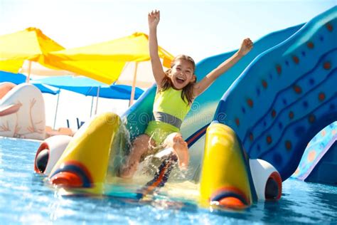 Happy Girl On Slide At Water Park Summer Stock Image Image Of Beach Outdoors 189786657