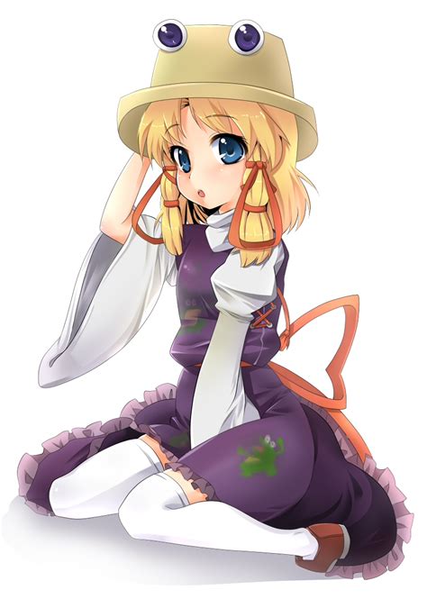 Safebooru Blue Eyes Frog Hat Moriya Suwako Ribbon Shie Sitting Thigh