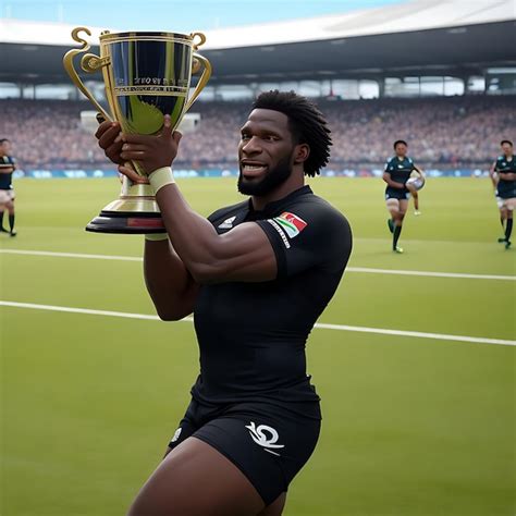 Premium Photo | Siya Kolisi holding up the rugby World Cup in a rugby ...