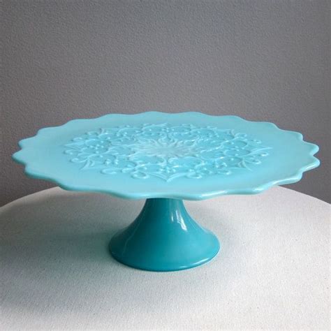 Turquoise Blue Milk Glass Pedestal Cake Stand Spanish Lace By Fenton