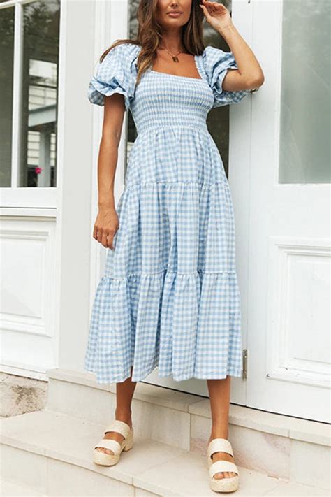 Plaid Square Neck Puff Sleeve Midi Dress Arsao