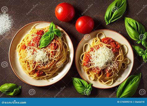 Spaghetti Bolognese With Tomato Sauce Parmesan Cheese And Basil Leaves