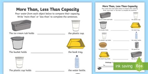 More Than Less Than Capacity Worksheet Worksheet