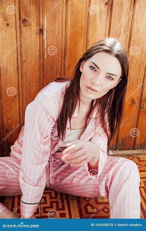 Brunette Woman In Pink Pajamas One Portret Stock Photo Image Of Brunette Comfortable 165428370