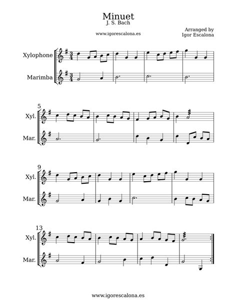 Minuet Js Bach Mallet Duet Sheet Music For Marimba Xylophone Percussion Duet