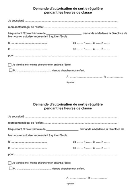 Demande D Autorisation De Sortie Formulaire Autorisation De Sortie