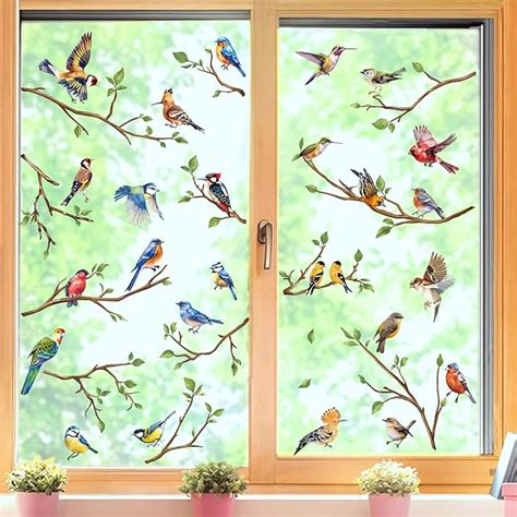 Decalmile Spring Summer Birds Tree Branch Double Sided Window Clings