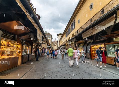 Inside bridge Ponte Vecchio in Florence. Closed Antique Jewelry Shops ...