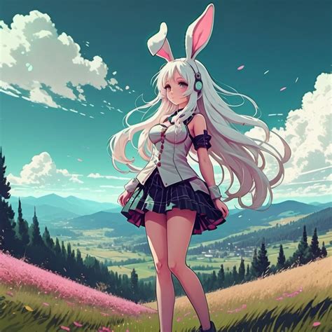 A Cute Anime Bunny Girl White Hair Wavy Long Hair