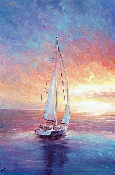 A Painting Of A Sailboat In The Ocean At Sunset