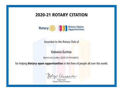 Club Awarded Rotary Citation For 2020 21 Rotary Club Of Kelowna Sunrise