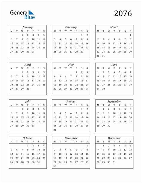 2076 Blank Yearly Calendar Printable