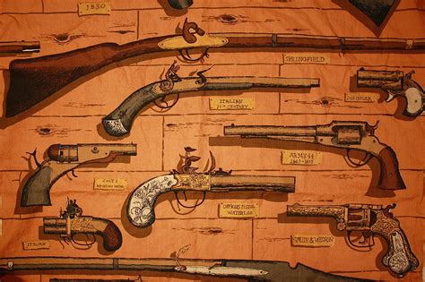 Vintage Cotton Printed Novelty Fabric Guns Rifles By Box241