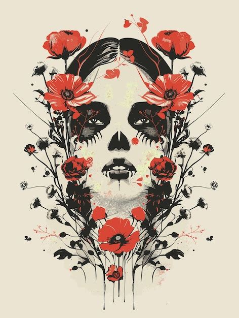 Premium Vector Sugar Skull Woman With Red Flowers Hand Drawn Vector