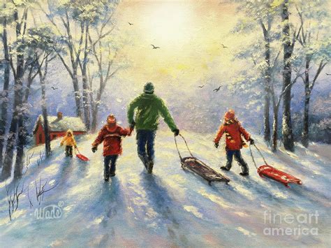 Sledding With Dad And Three Children Painting By Vickie Wade Pixels