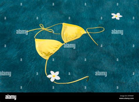 Yellow Bikini Top Floating In Pool With Plumeria Flowers Stock Photo