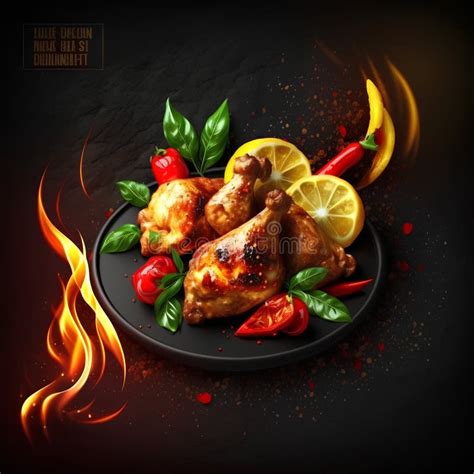 Flaming Chicken Wings With Vegetables On Black Plate Vector