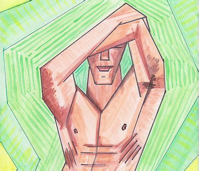 Original Watercolor Male Nude Nacked Man Gay Fine Art Beefcake Unique Cubist Shy