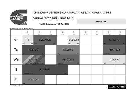 DOCX JADUAL WAKTU PISMP SEM 4 JUN NOV 2015 V1 Docx DOKUMEN TIPS