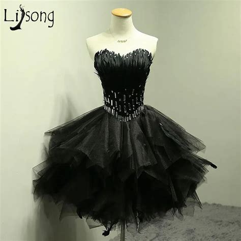 Sexy Black Feather Short Cocktail Dresses 2017 Crystal Puffy Lady