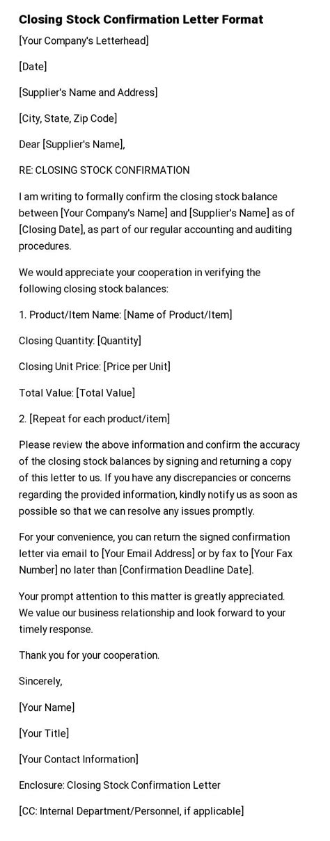 Closing Stock Confirmation Letter Format