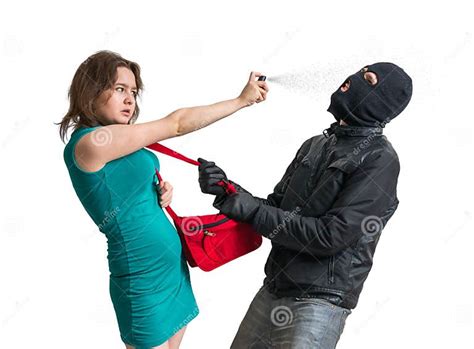 Self Defense Concept Young Woman Is Fighting With Thief And Using