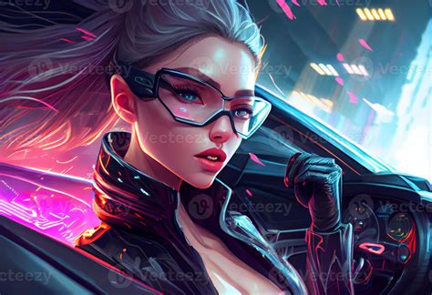 Fashion cyberpunk girl drive a supercar asian woman with future digital ...