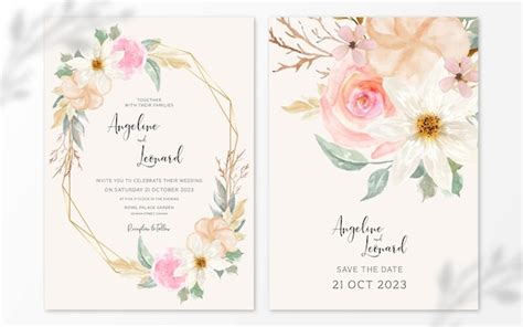 Conjunto de invitación de boda floral acuarela rústica Vector Premium