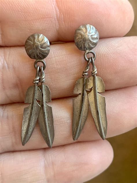 Antique Vintage Sterling Silver Feather Earrings Nati… Gem