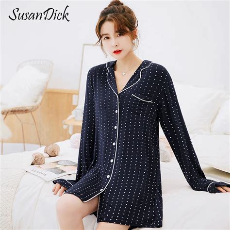 Susandick High Quality Modal Sleepwear Ladies Dot Nightgown Long Sleeve