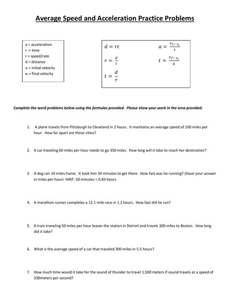 Average Speed And Acceleration Practice Problems