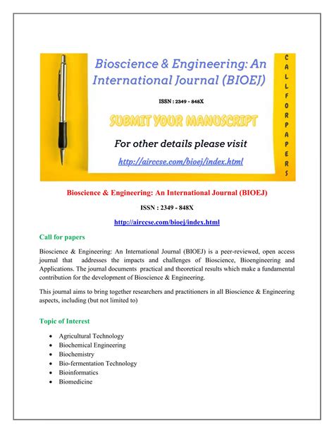 Call For Papers Bioscience And Engineering An International Journal