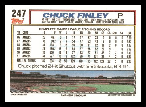 1992 Topps Chuck Finley California Angels 247 Centered Mint Ebay