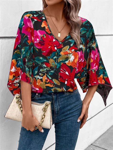 Shein Vcay Blouse à Imprimé Floral à Manches Chauve Souris Mode En