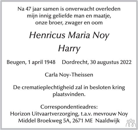 Henricus Maria Harry Noy Overlijdensbericht En