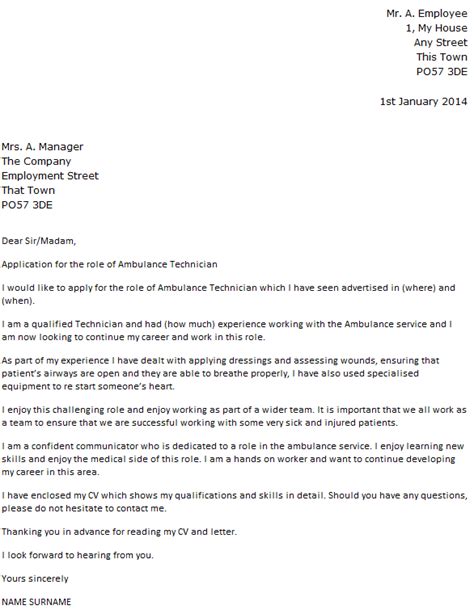 Ambulance Technician Cover Letter Example Uk