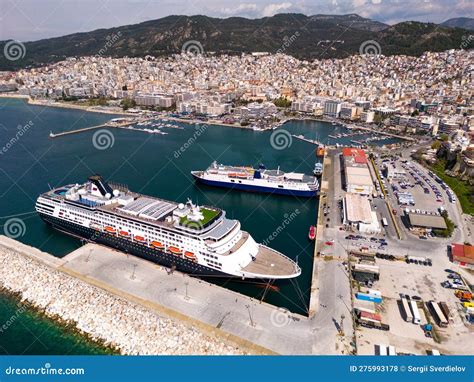 Aerial View Cruise Ship In Port Of Kavala Visitors Can Enjoy