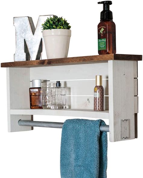 White Farmhouse Style Bathroom Shelf With Towel Bar Bathroom